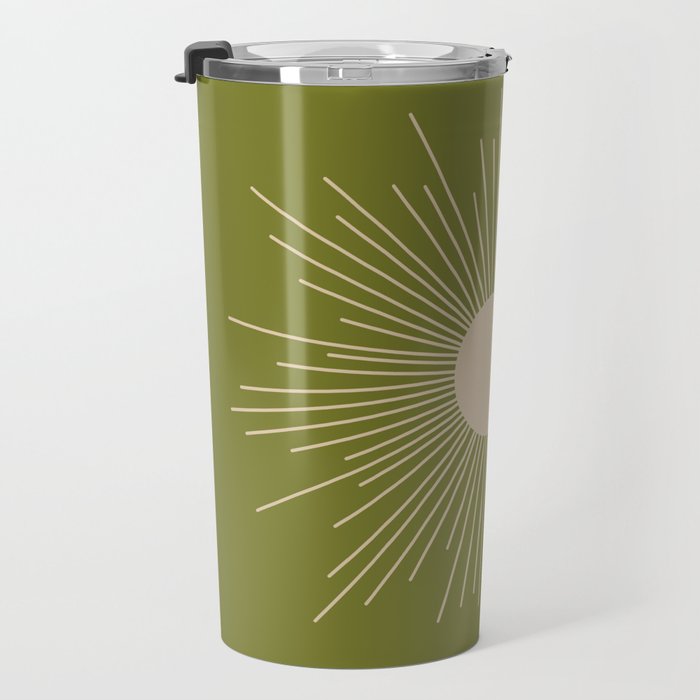 Mid-Century Modern Sunburst II - Minimalist Sun in Mid Mod Beige and Olive Green Travel Mug Gallery Image 3