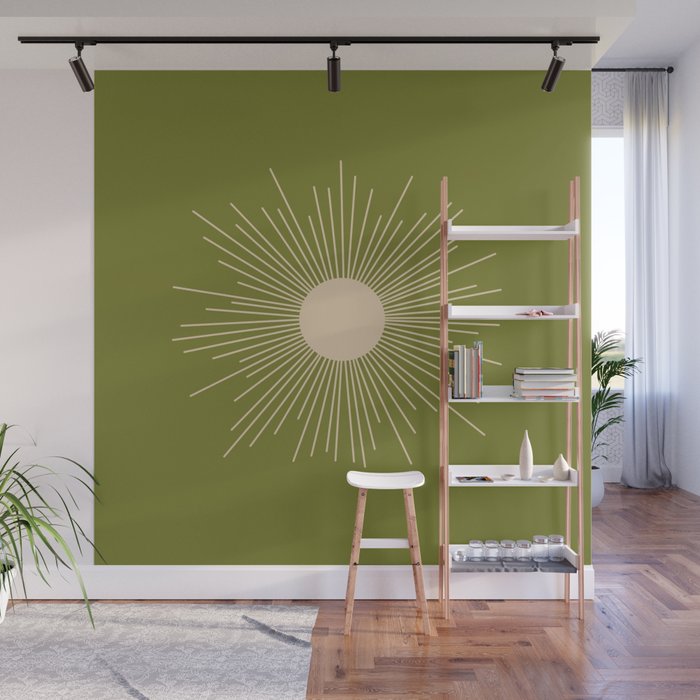 Mid-Century Modern Sunburst II - Minimalist Sun in Mid Mod Beige and Olive Green Wall Mural Gallery Image 1
