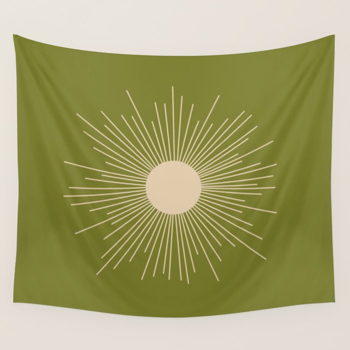 Mid-Century Modern Sunburst II - Minimalist Sun in Mid Mod Beige and Olive Green Wall Tapestry Gallery Image 1