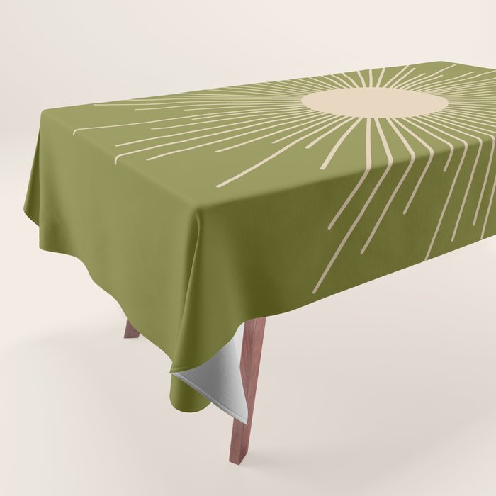 Mid-Century Modern Sunburst II - Minimalist Sun in Mid Mod Beige and Olive Green Tablecloth Gallery Image 1