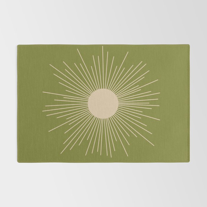 Mid-Century Modern Sunburst II - Minimalist Sun in Mid Mod Beige and Olive Green Rug Gallery Image 2