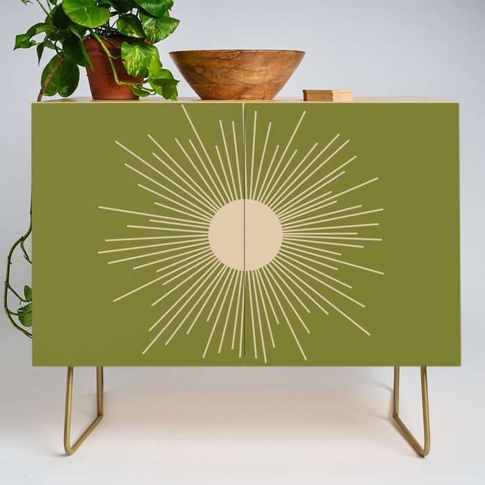 Mid-Century Modern Sunburst II - Minimalist Sun in Mid Mod Beige and Olive Green Credenza Gallery Image 1