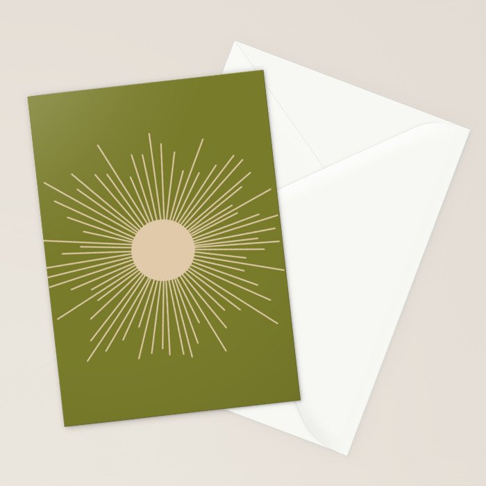 Mid-Century Modern Sunburst II - Minimalist Sun in Mid Mod Beige and Olive Green Stationery Card Gallery Image 2