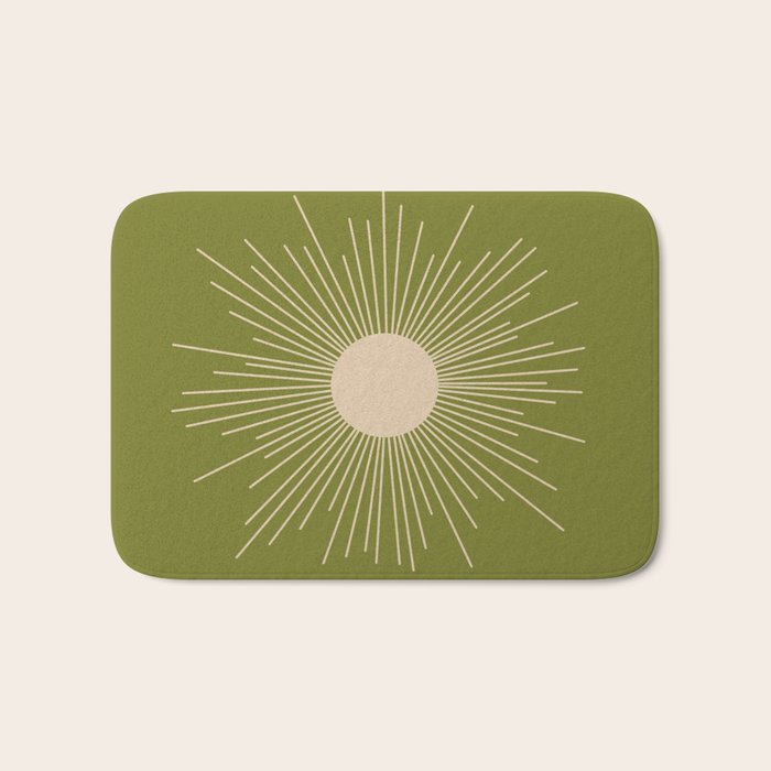 Mid-Century Modern Sunburst II - Minimalist Sun in Mid Mod Beige and Olive Green Bath Mat Gallery Image 1