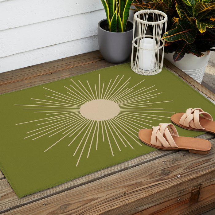 Mid-Century Modern Sunburst II - Minimalist Sun in Mid Mod Beige and Olive Green Outdoor Rug Gallery Image 2