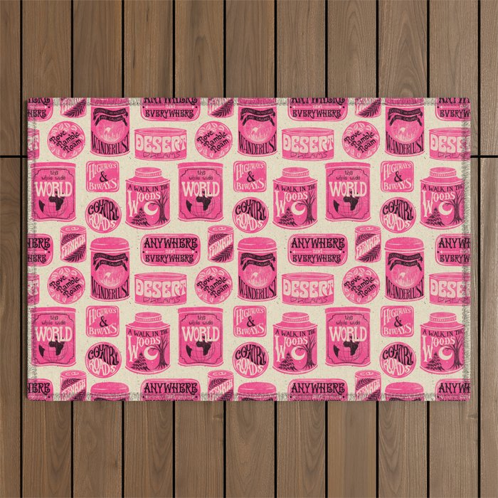 Vagabondâs Cupboard - pink and black on cream Outdoor Rug Gallery Image 1