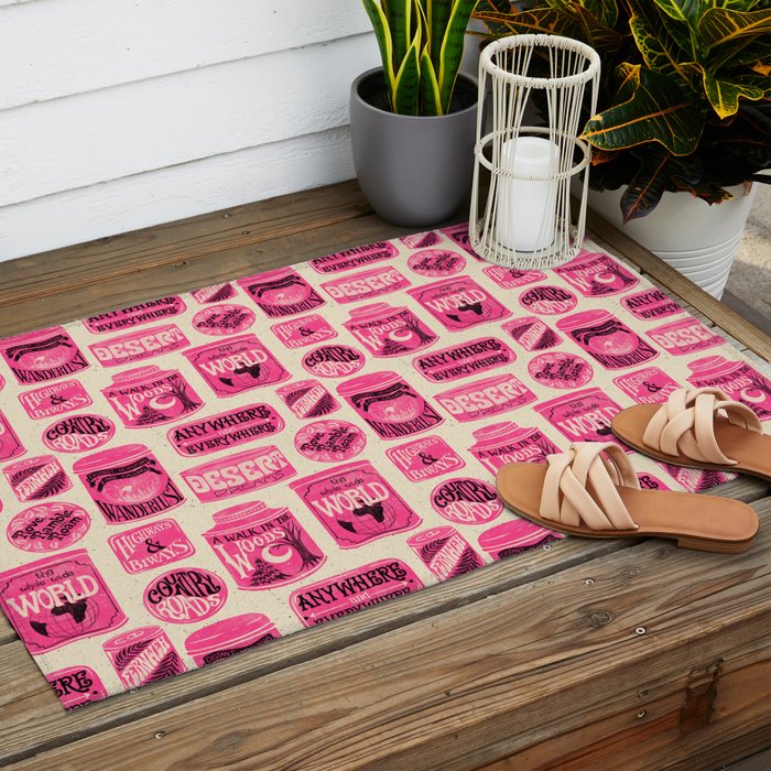 Vagabondâs Cupboard - pink and black on cream Outdoor Rug Gallery Image 2