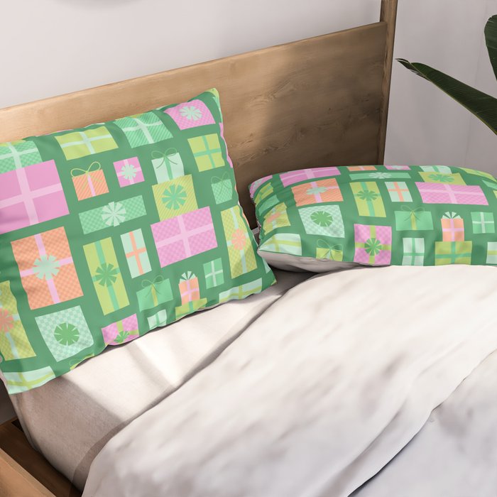 Retro Christmas Presents - Multi on Green Pillow Sham Gallery Image 2