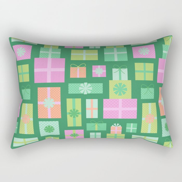 Retro Christmas Presents - Multi on Green Rectangular Pillow Gallery Image 1