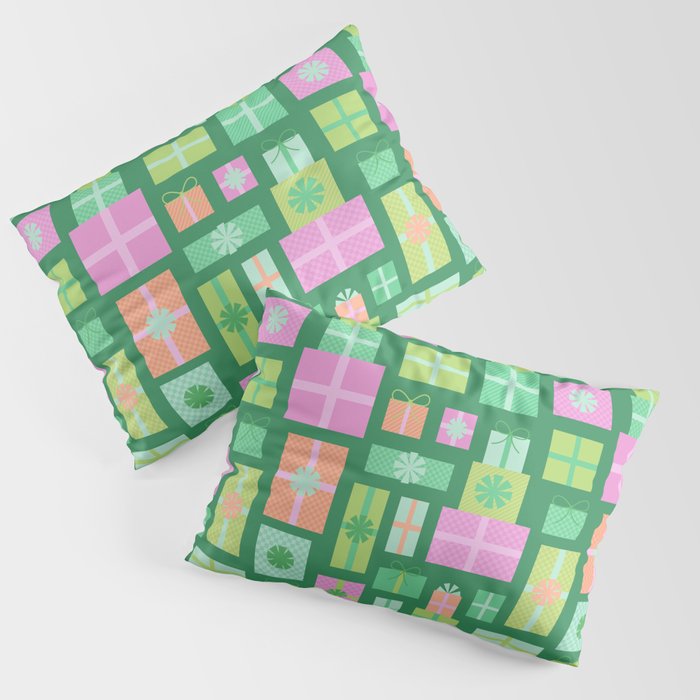 Retro Christmas Presents - Multi on Green Pillow Sham Gallery Image 1