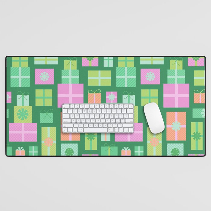 Retro Christmas Presents - Multi on Green Desk Mat Gallery Image 1