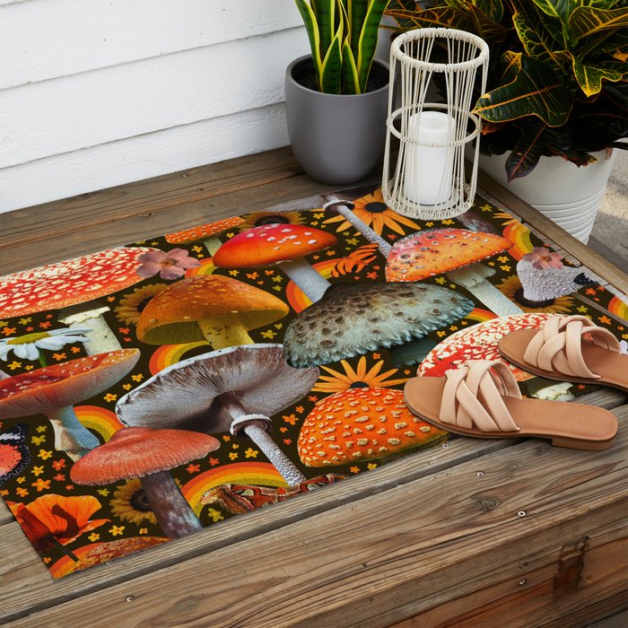 Mushroom Collage Print in Green Outdoor Rug Gallery Image 2