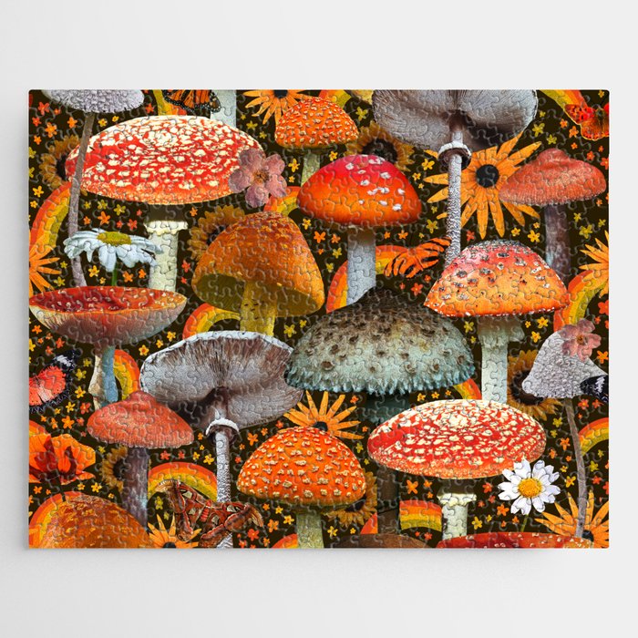 Mushroom Collage Print in Green Jigsaw Puzzle