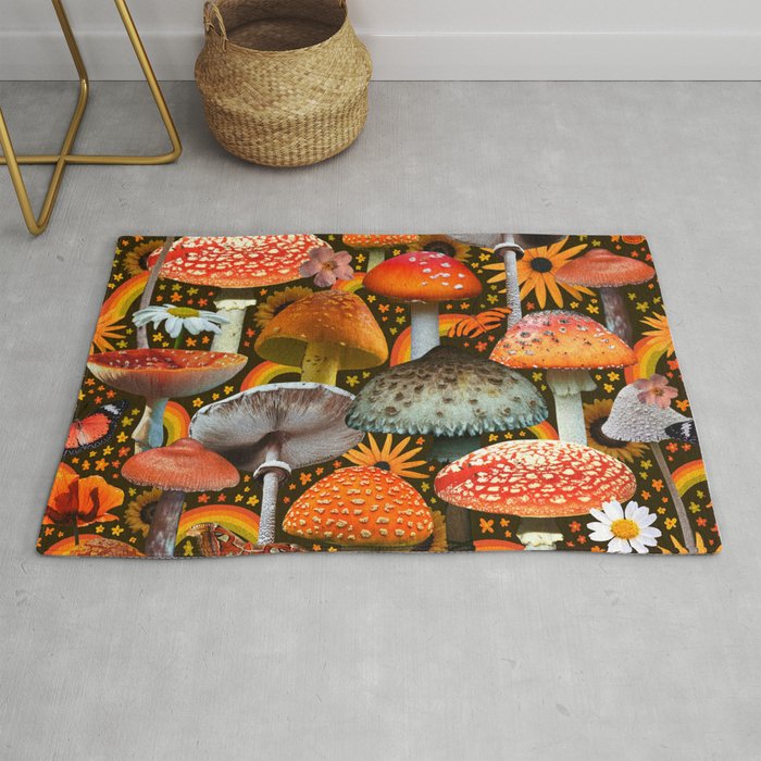 Mushroom Collage Print in Green Rug Gallery Image 1
