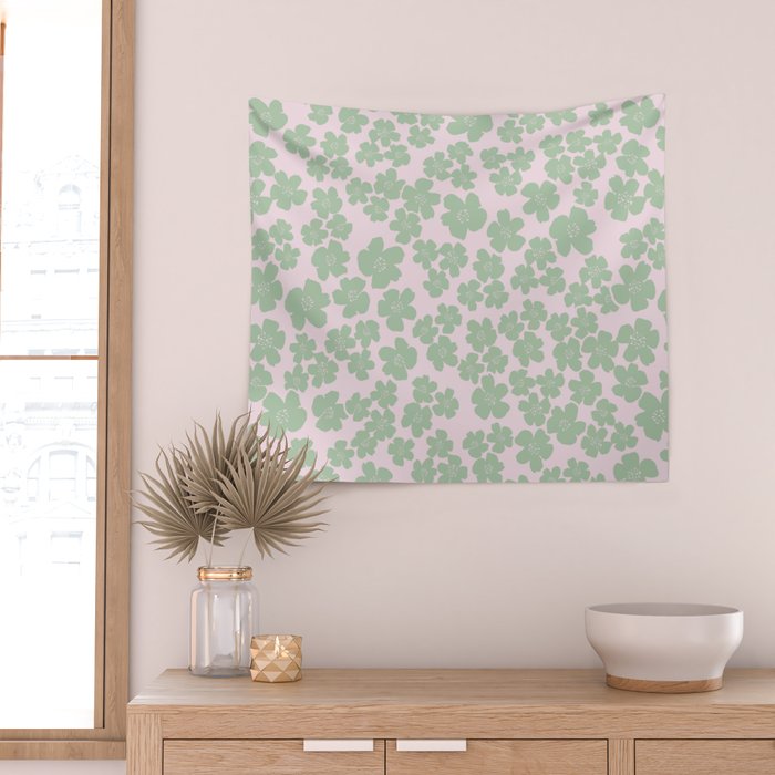 Mint green flower blossom scatter on blush pink Wall Tapestry Gallery Image 2