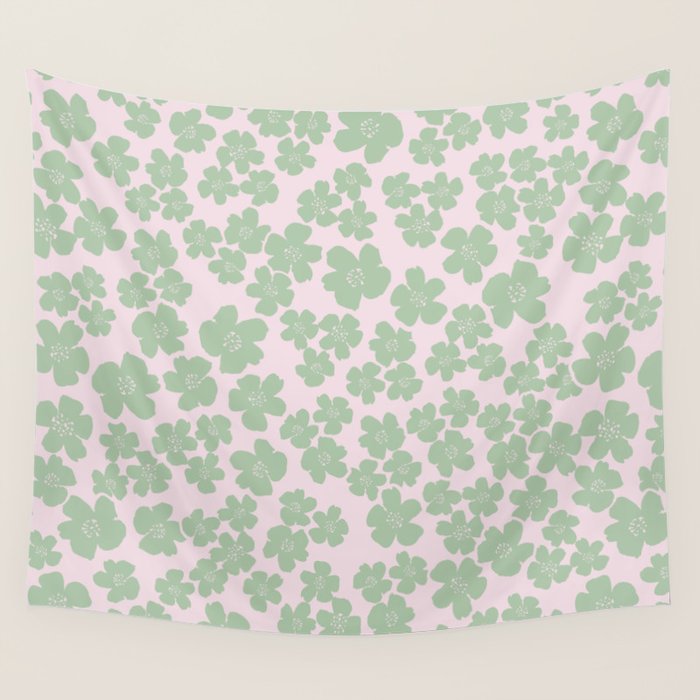 Mint green flower blossom scatter on blush pink Wall Tapestry Gallery Image 4