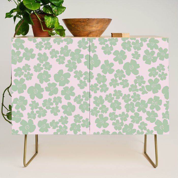 Mint green flower blossom scatter on blush pink Credenza Gallery Image 1