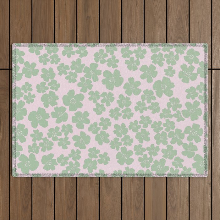 Mint green flower blossom scatter on blush pink Outdoor Rug Gallery Image 1