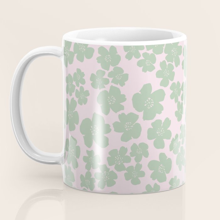Mint green flower blossom scatter on blush pink Coffee Mug Gallery Image 3