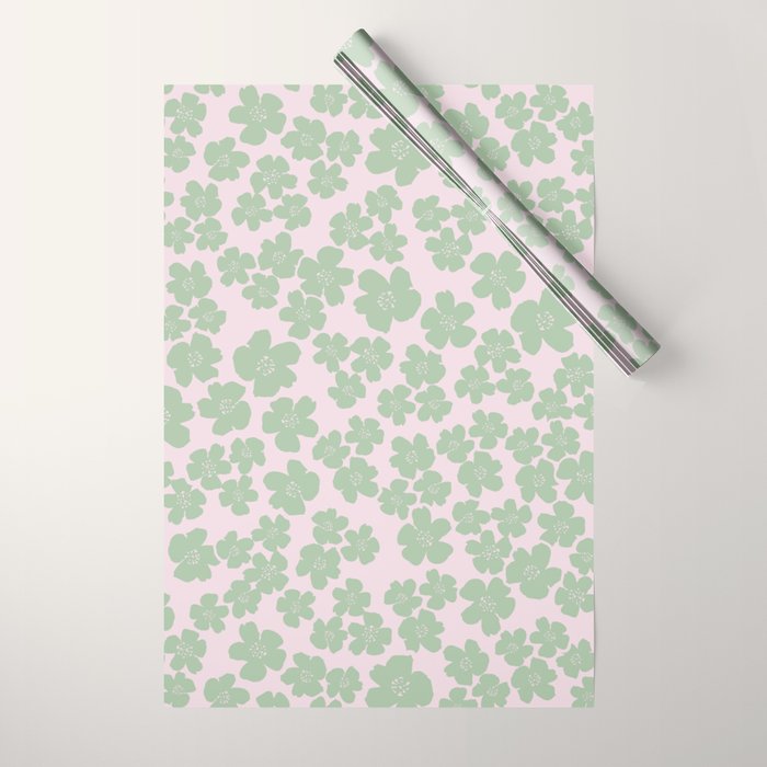 Mint green flower blossom scatter on blush pink Wrapping Paper Gallery Image 1