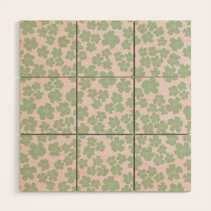 Mint green flower blossom scatter on blush pink Wood Wall Art Gallery Image 1