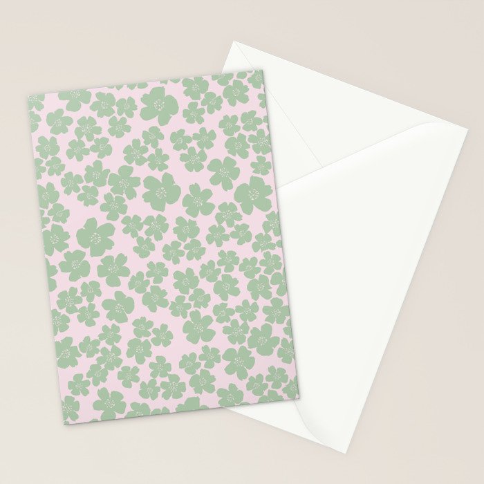 Mint green flower blossom scatter on blush pink Stationery Card Gallery Image 2