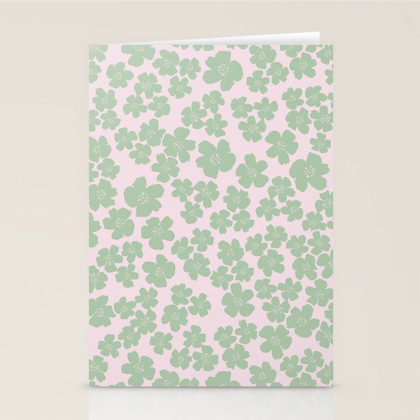 Mint green flower blossom scatter on blush pink Stationery Card Gallery Image 1