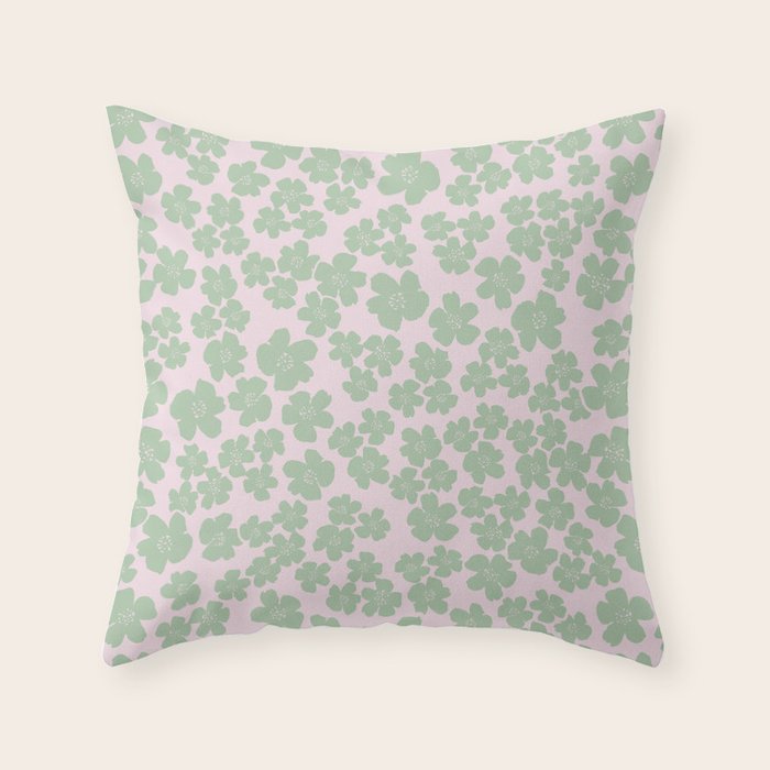 Mint green flower blossom scatter on blush pink Throw Pillow Gallery Image 1