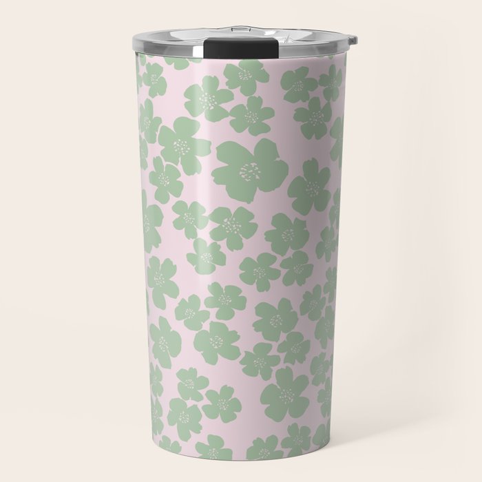 Mint green flower blossom scatter on blush pink Travel Mug Gallery Image 1