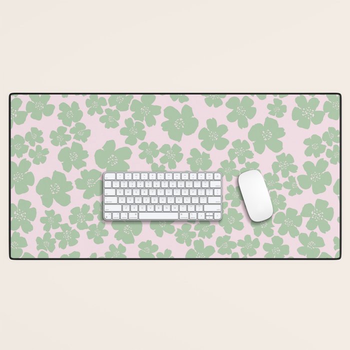 Mint green flower blossom scatter on blush pink Desk Mat Gallery Image 1