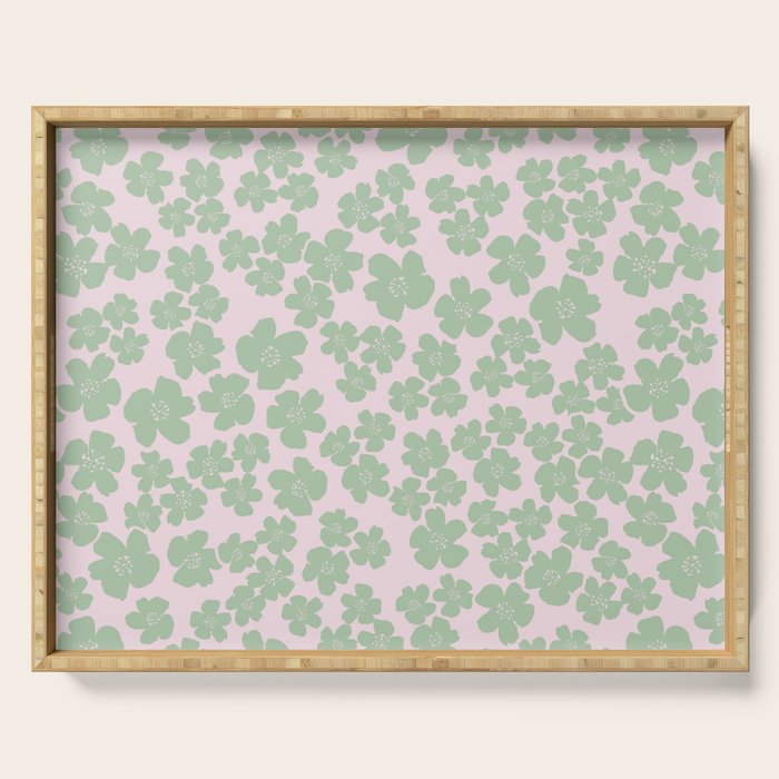 Mint green flower blossom scatter on blush pink Serving Tray Gallery Image 1