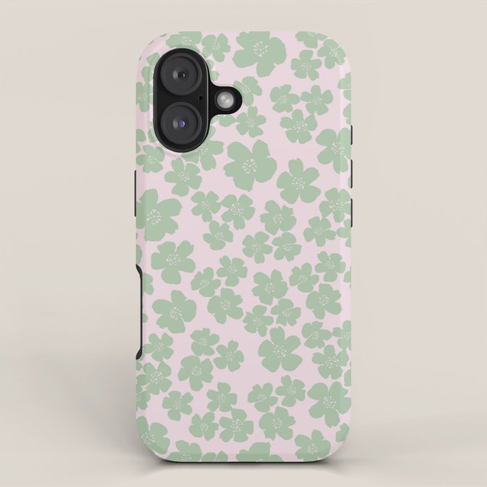 Mint green flower blossom scatter on blush pink iPhone Case Gallery Image 1