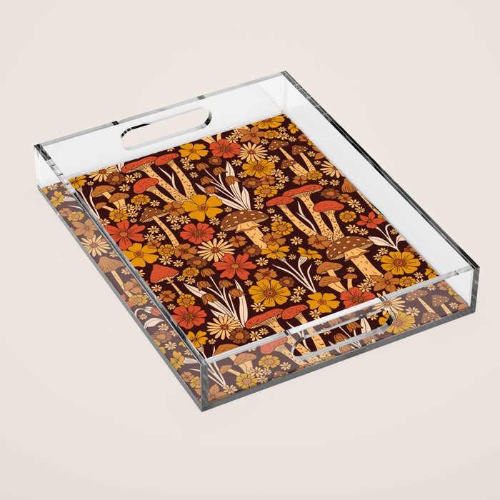 Retro 1970s Brown & Orange Mushrooms & Flowers Acrylic Tray Gallery Image 1