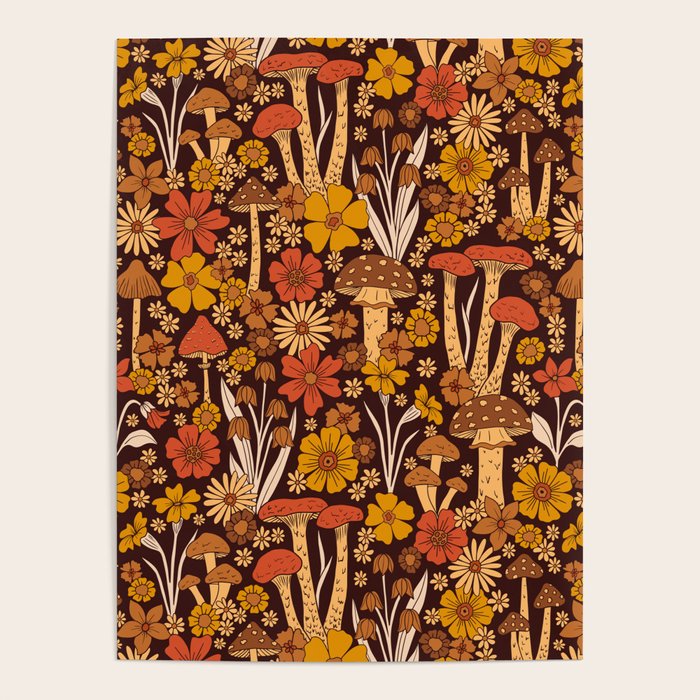 Retro 1970s Brown & Orange Mushrooms & Flowers Poster Gallery Image 4