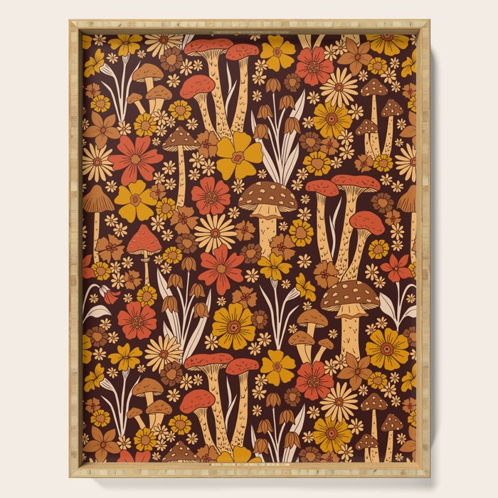 Retro 1970s Brown & Orange Mushrooms & Flowers Serving Tray Gallery Image 1