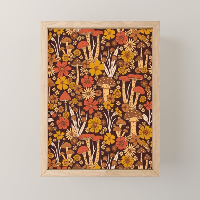 Retro 1970s Brown & Orange Mushrooms & Flowers Mini Art Print Gallery Image 1