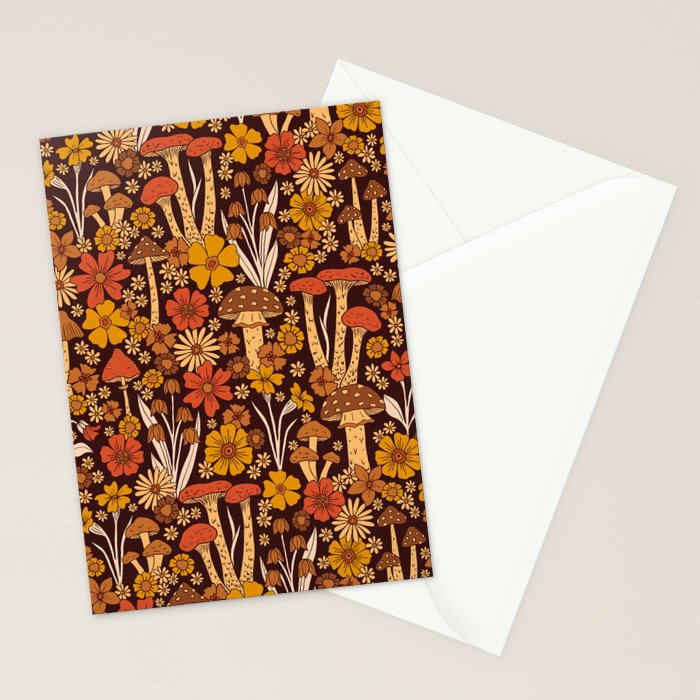 Retro 1970s Brown & Orange Mushrooms & Flowers Stationery Card Gallery Image 2