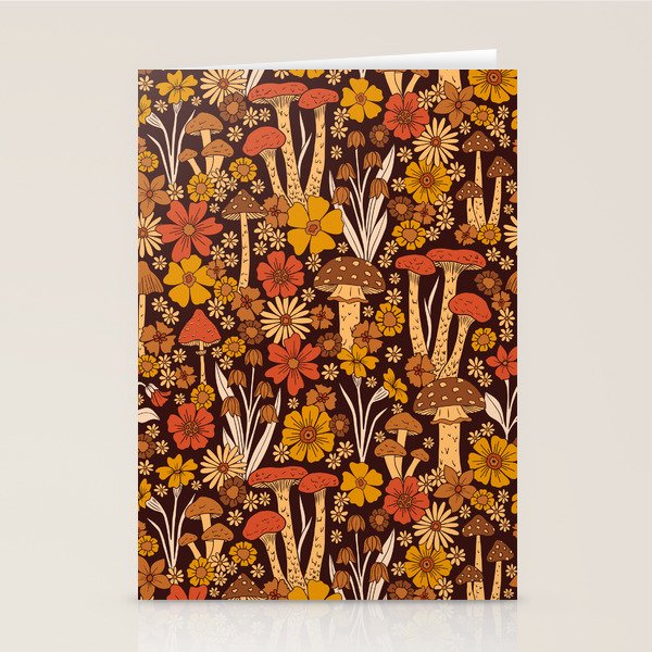 Retro 1970s Brown & Orange Mushrooms & Flowers Stationery Card Gallery Image 2