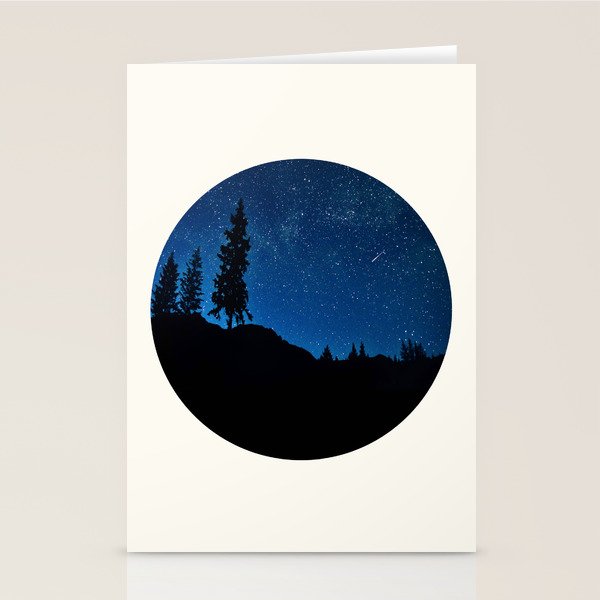 Mid Century Modern Round Circle Photo Blue Star Night Sky Pine Tree Silhouette Stationery Card Gallery Image 2