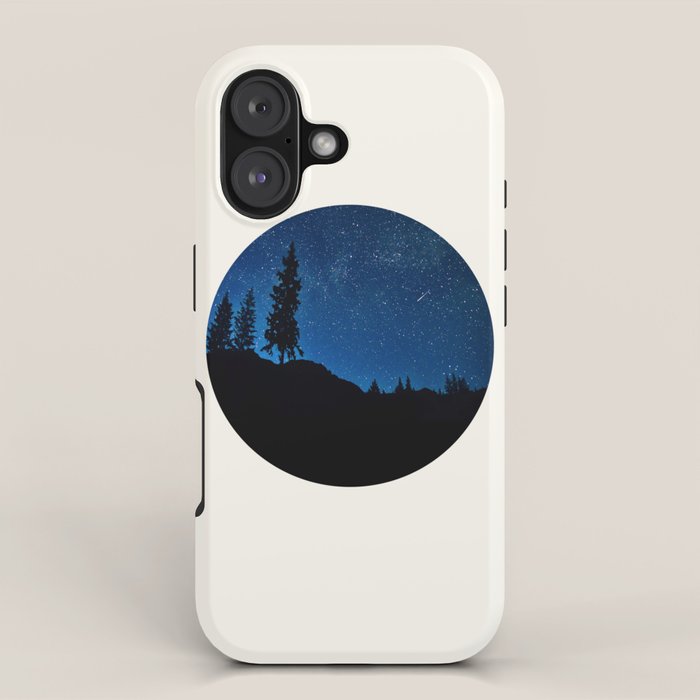 Mid Century Modern Round Circle Photo Blue Star Night Sky Pine Tree Silhouette iPhone Case Gallery Image 1