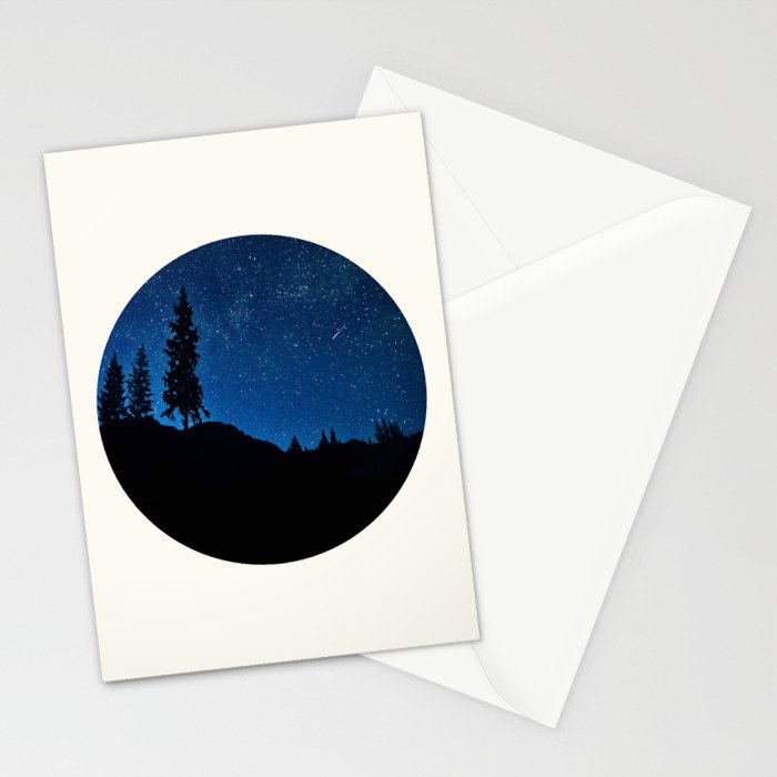 Mid Century Modern Round Circle Photo Blue Star Night Sky Pine Tree Silhouette Stationery Card Gallery Image 2