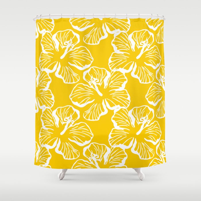 Yellow tropical hibiscus flower art pattern Shower Curtain Gallery Image 1