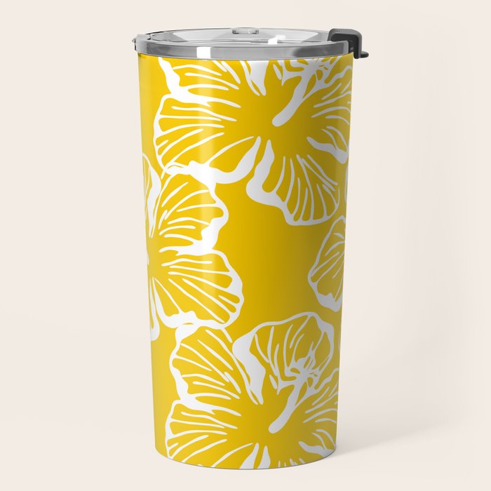 Yellow tropical hibiscus flower art pattern Travel Mug Gallery Image 2