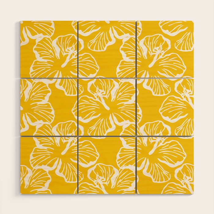 Yellow tropical hibiscus flower art pattern Wood Wall Art Gallery Image 1