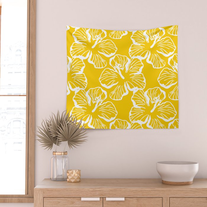 Yellow tropical hibiscus flower art pattern Wall Tapestry Gallery Image 2