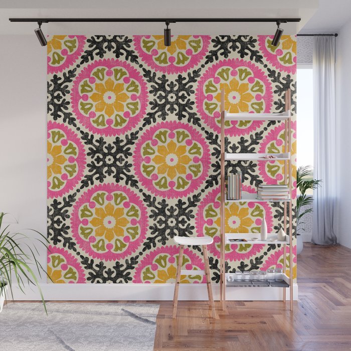 Folk Art Mandala - vintage pink, gold, and avocado green Wall Mural Gallery Image 1