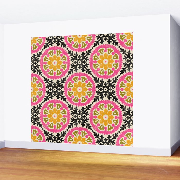 Folk Art Mandala - vintage pink, gold, and avocado green Wall Mural Gallery Image 2