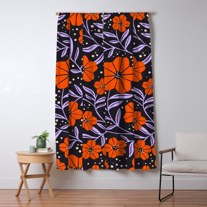 Floral Vine Tangerine Orange, Lavender Purple, Deep Purple, Modern Boho Home Decor Window Curtain Gallery Image 1