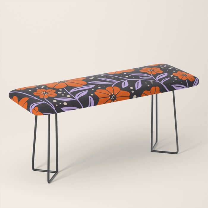 Floral Vine Tangerine Orange, Lavender Purple, Deep Purple, Modern Boho Home Decor Bench Gallery Image 1