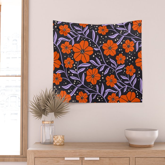 Floral Vine Tangerine Orange, Lavender Purple, Deep Purple, Modern Boho Home Decor Wall Tapestry Gallery Image 2